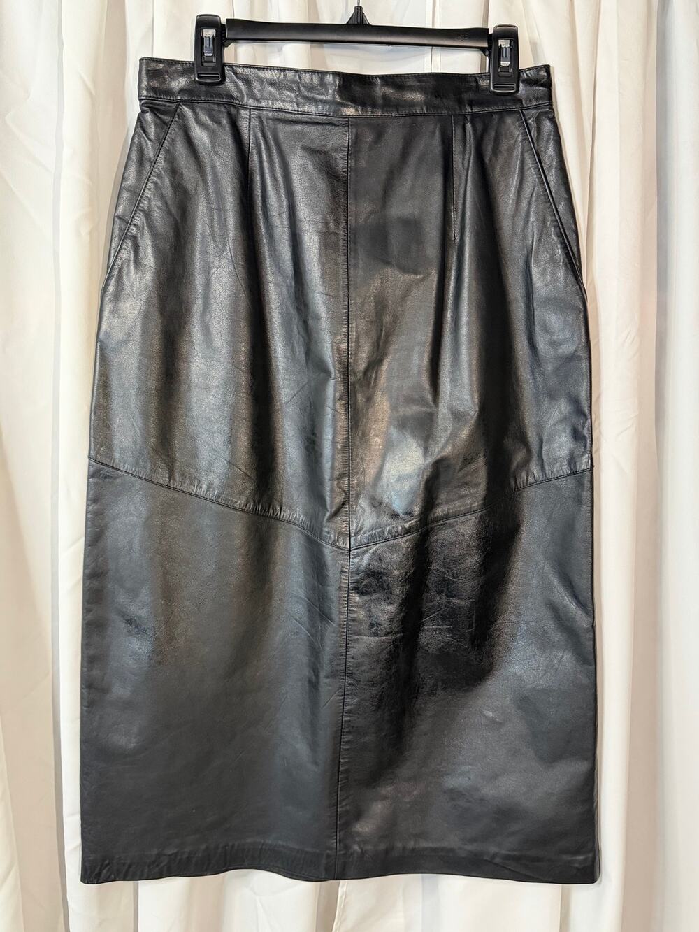 Vintage In-Wear Black Napa Leather Midi Skirt Size 14 goth style 90’s corporate
